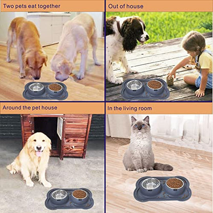 Stainless Steel Dog Bowls with Silicone Mat, Non-Skid Pet Feeder, No-Spill Design, Rust-Resistant Cat Dishes, Easy to Clean, Grey