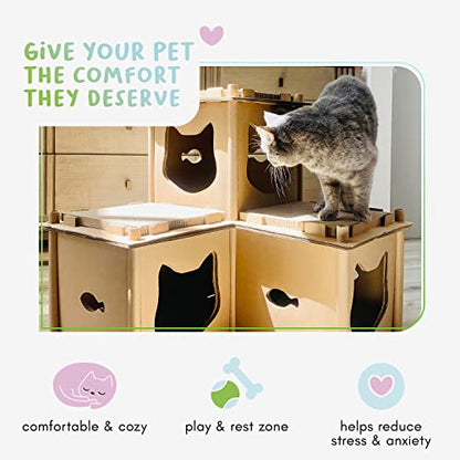 PETIQUE Feline Fortress Cat House: Eco-Friendly, Cat-Shaped Entrances, Fish-Shaped Handles, 7 Reversible Scratchboards, Lightweight, Easy Assembly, Sustainable, Compostable, Supports UP to 30LBS - style: Feline Fortress