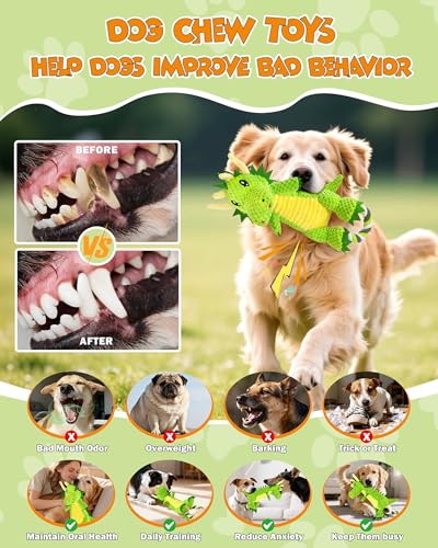 Jeefome Interactive Squeaky Dog Chew Toy,Plush Dog Rope Toys for Small Medium and Large Dogs,Tug of War Dog Toys to Keep Them Busy,Training Reward Gift,Teeth Cleanin - style: Dinosaur