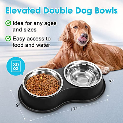 Epetslove Dog Bowls Large Double Dog Water and Food Bowls Stainless Steel Bowls with Non-Slip Resin Station, Pet Feeder Bowls Food Dish for Small Medium Large Dogs Cats - color: 1.Black, size: Large-34oz