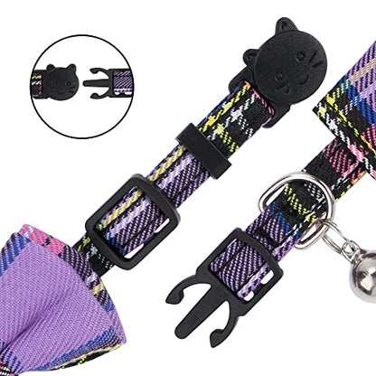 Faleela 2 Pack/Set Cat Collar with Cute Bow Tie and Bell,Breakaway Plaid Shirt Collar for Kitty Adjustable Safety - color: 2023new-Purple
