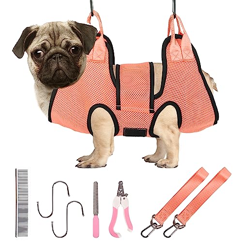 PatiencET Dog Grooming Hammock, Pet Grooming Hammock for Cats & Dogs with Security Strap, Dog Sling for Nail Trimming with Nail Clippers/Trimmer, Nail File, Pet Comb(S) - color: Orange, size: S (17 LB Max)