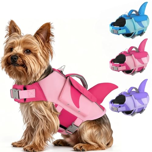 Dog Life Jacket Shark– High Flotation Dog Life Vest with Reflective Stripes, Pet Swimming Vest with Rescue Handle for Small Medium and Large Dogs, Suitable for Swimming & Boating – Pink, S - color: Pink, size: Small