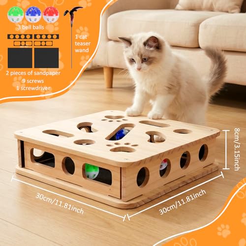2026 Upgrade Cat Nail File Box, No Assembly Required, Solid Wood Cat Nail File Enrichment Box with 3 Bell Balls, 1 Teaser Wand & Replacement Sandpaper, Stress-Free Alternative to Clippers & Grinders