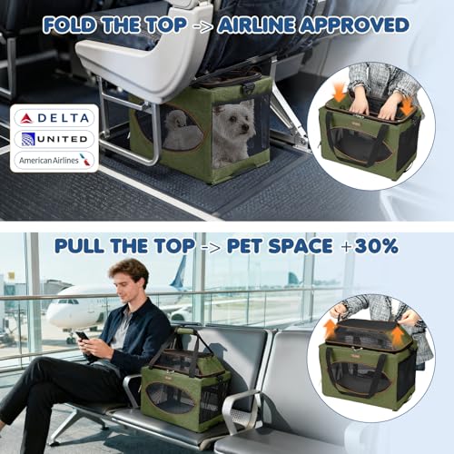 Top-Expandable Pet Carrier 18x11x11Inch Delta American United Airline Approved Underseat to 15lbs Stable Car Travel Carriers for Small Dogs Cats with Locking Safety Zippers Anti-Scratch Mesh - color: Dark Green, size: 18"x11"x11"