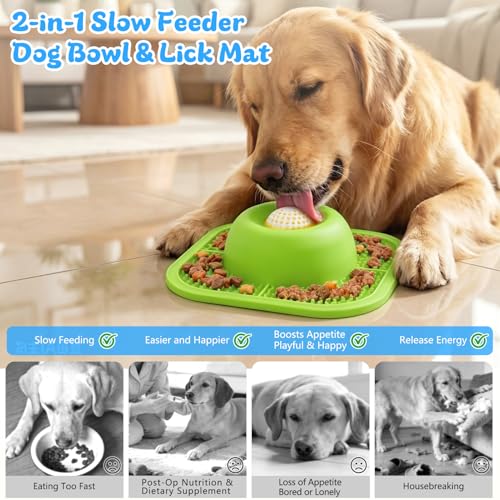 Slow Feeder Dog Bowls & Lick Mat for Liquid and Thick Treat, Anti-Slip Dog Lick Bowl with Interactive Rolling Ball, 5/6 Cup Pup Licking Toy for Large Medium Small Dogs and Cats Green - color: Green