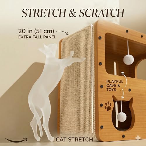 2-Tier Cat Scratcher House with Cardboard Scratch Pads, Indoor Cat Condo Playhouse with Hanging Toys, Cat Hideout & Scratching Furniture for Kittens and Cats