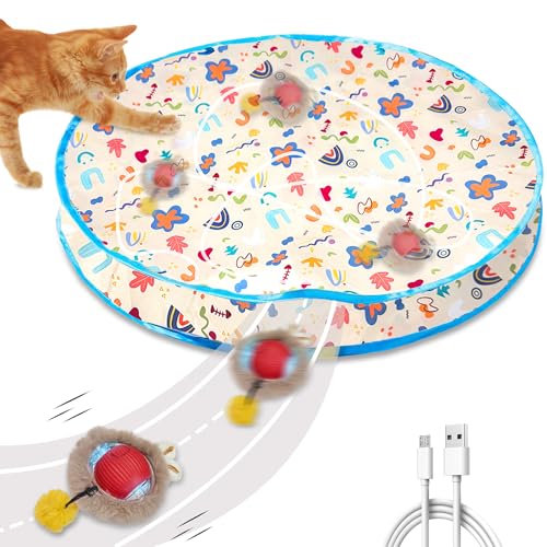 Interactive Cat Toys, Fast Rolling Ball in Play Mat, Automatic Motion Activated Ball Hide and Seek for Cat Indoor Toys, Mouse Catching Game Boredom Relief, 28" Mat