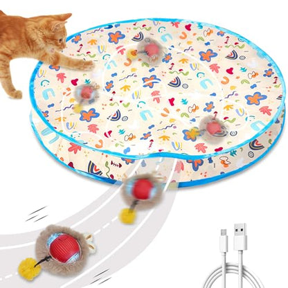 Interactive Cat Toys, Fast Rolling Ball in Play Mat, Automatic Motion Activated Ball Hide and Seek for Cat Indoor Toys, Mouse Catching Game Boredom Relief, 28" Mat