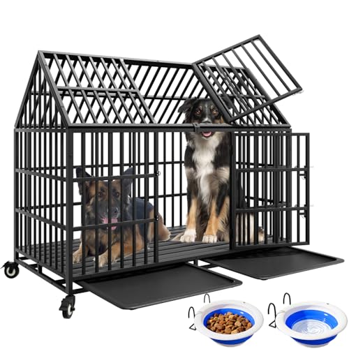 54 inch Heavy Duty Indestructible Dog Crate with 2 Bowls, Escape Proof Double Door Dog Kennel for Large Giant Dogs with Wheels and Trays, High Anxiety Extra Large Dog Cage Indoor Outdoor, XL XXL - size: 53.9"L x 29.7"W x 46.1"H