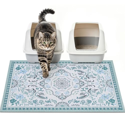 Cat Litter Mat Trapping Rug 33"x22", Large Litter Box Mat for Floor, Non-Slip Waterproof Backing, Soft Mesh Easy to Clean Pet Mat for Cat Blue Green - color: Blue & Green, size: 33"X22"