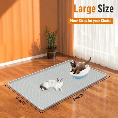 Silicone Cat Litter Mat, 36" x 24" Large Cat Litter Box Mat Litter Trapping Mat for Scatter Control, Waterproof, Soft on Kitty Paws, Clean Floor (Grey) - size: 36"L x 24"W