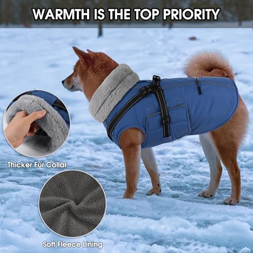 Dog Coat Large, Built-in Harness Dog Jacket with Warm Fleece Lining, Waterproof Reflective Dogs Winter Coat, Pet Coats with Pocket and Trash Bags (Navy Blue, XXX-Large) - color: Navy Blue, size: XXX-Large