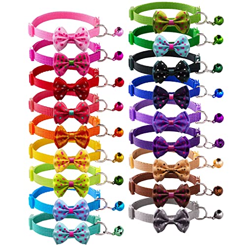 18Pcs Puppy Collars, Cat ID Collars with Bell Adjustable 19-32cm, Polka Dot Bow Soft Nylon Adjustable Breakaway Identification Collars for Puppy Kittens - color: Polka Dot Bow, size: Unbreakaway