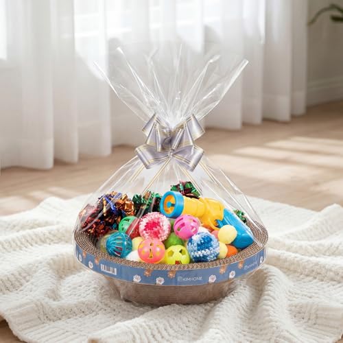 Zopeal 64 Pcs Easter Cat Toy Gift Set Magic Cat Scratcher Board Ball Launcher Gun Crinkle and Yarn and Plastic Bell Ball Kitten Toy with Bow for Pet Interactive Engaging Gift(Bowl Shape) - style: Bowl Shape