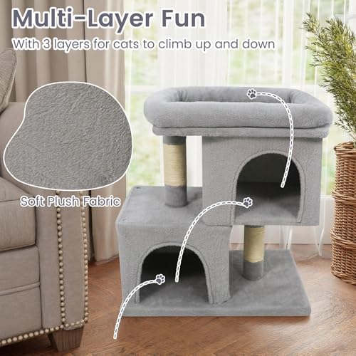 Tangkula Small Cat Tree for Indoor Cats, 25.5 Inch Cat Tower with Sisal Scratching Posts, 2 Large Cat Condos with Padded Top Perch, Modern Cat Climbing Furniture for Adult Cats & Kittens (Light Gray) - color: Light Gray