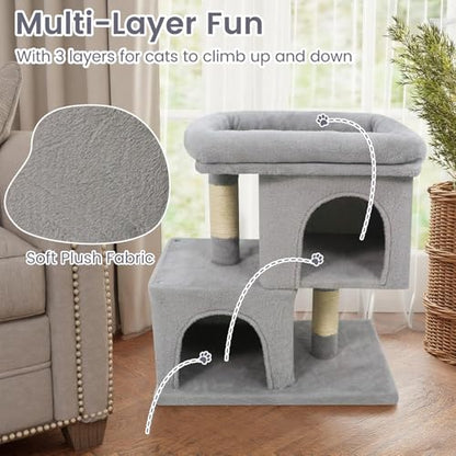 Tangkula Small Cat Tree for Indoor Cats, 25.5 Inch Cat Tower with Sisal Scratching Posts, 2 Large Cat Condos with Padded Top Perch, Modern Cat Climbing Furniture for Adult Cats & Kittens (Light Gray) - color: Light Gray