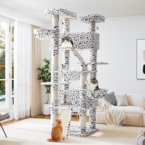 Allewie 81 Inches Tall Cat Tree/Multi-Level Large Climbing Tree House and Towers for Big Feline/Condo and Hammock/Scratching Post/Wide Base/White & Black Spot - color: White & Black Spo