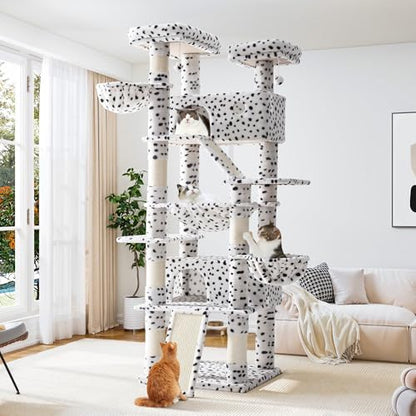 Allewie 81 Inches Tall Cat Tree/Multi-Level Large Climbing Tree House and Towers for Big Feline/Condo and Hammock/Scratching Post/Wide Base/White & Black Spot - color: White & Black Spo