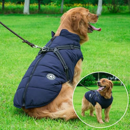 Dog Jackets for Winter Windproof Waterproof 2 in 1 Outfit Cold Weather Coat Dog Vest Harness Puppy Winter Warm Jacket Large Blue 4XL - color: Blue, size: XXXX-Large