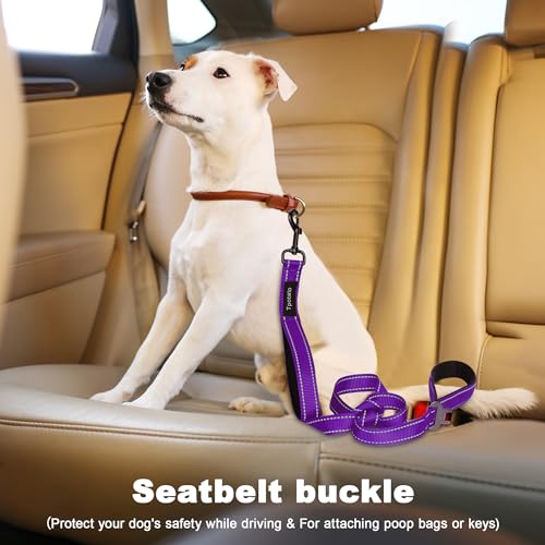 6 Foot Purple Dog Leashes for Large Medium and Small Breed Dogs That Pull,Reflective Nylon Heavy Duty Dog Leash with 2 Comfortable Padded Traffic Handles and Car Seat Belt for Walking and Training - color: Purple