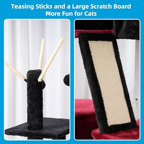 Hey-brother Gothic Cat Tree, 53 inch Cat Tower for Indoor Cats, Cat House with Padded Platform Bed, Toy Balls, Large Cozy Condo, Hammocks and Sisal Scratching Posts, Black and Red MPJ019SBR - color: Black and Red