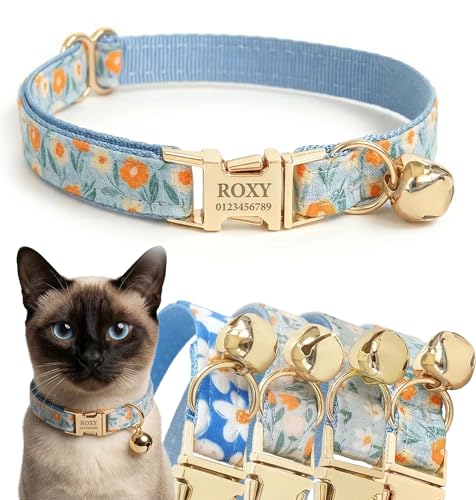 Engraved Floral Cat Collar with Removable Bow Tie - Personalized ID Tag & Safety Bell, Adaptive Polyester Design, （Non-Breakaway） - Floral Pattern Collection - color: Blue Sunflower, size: L