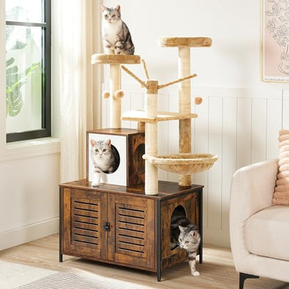 HOOBRO Cat Tree with Litter Box Enclosure, Scratching Posts, Litter Box Enclosure Furniture for Indoor Cats, All-in-One Wooden Cat Tower Condo House with Cat Hammock, Rustic Brown BF14MZ03 - color: Rustic Brown