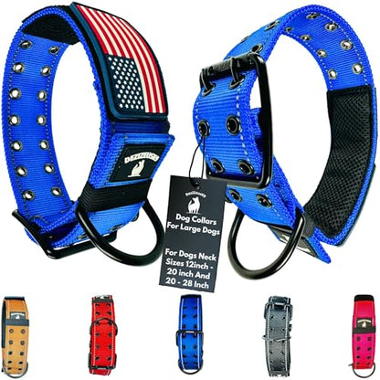 Tactical Dog Collar 2 Inch Wide Heavy Duty with Metal 2-Pin Belt Buckle for Medium, Large & XL Dogs, Thick Military-Style K9 Collar, Reflective, with Name Plate Area, USA Flag Patch, Strong & Durable - color: SM-MED BLUE BB, size: 12-20 inches