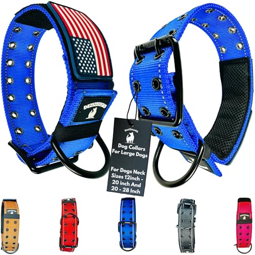 Tactical Dog Collar 2 Inch Wide Heavy Duty with Metal 2-Pin Belt Buckle for Medium, Large & XL Dogs, Thick Military-Style K9 Collar, Reflective, with Name Plate Area, USA Flag Patch, Strong & Durable - color: SM-MED BLUE BB, size: 12-20 inches
