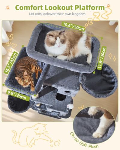 Taoqimiao Cat Tree Tower, 76-Inch Sturdy Cat Tree for Indoor Cats Large Adult Cat Tower with Scratching Posts，2 Condos, 2 Perches, 2 Large Hanging Baskets, Soft Hammock, MS046G Smoke Gray - color: Smoke Gray