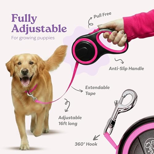 Retractable Dog Leash for Small, Medium & Large Dogs – Heavy-Duty, Tangle-Free, Reflective, 16FT Long, Anti-Slip Soft Handle with One-Hand Brake - 44 LBS /16FT - Small - Pink - color: Pink