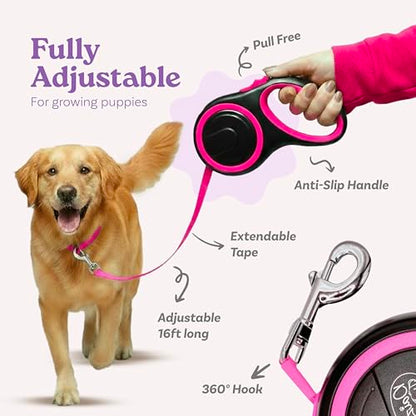 Retractable Dog Leash for Small, Medium & Large Dogs – Heavy-Duty, Tangle-Free, Reflective, 16FT Long, Anti-Slip Soft Handle with One-Hand Brake - 44 LBS /16FT - Small - Pink - color: Pink