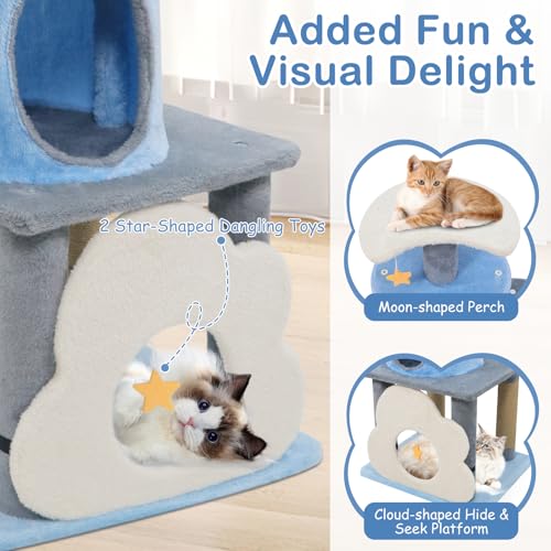 PETSITE 31.5-inch Cute Cat Tree, Multi-Level Small Cat Tree with Scratching Posts, Condo, Star-Shaped Dangling Toys, and Top Perch, Star, Moon & Cloud Elements Mixed, Ideal for Indoor Cats (Blue) - color: Blue