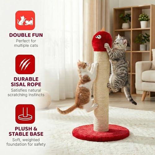 Cat Scratching Post 22'', Scratching Post with Extra Wide 12" Heavy Duty Base for Indoor Kitty, Scratching Post with Natural Sisal & Velvet Fabric for Small, Medium Cat, Red - color: Red