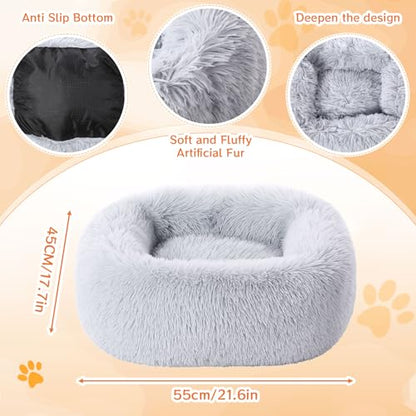 2-Pack Small Calming Dog & Cat Bed Anti Anxiety Fluffy Plush Pet Beds with Anti-Slip Bottom Machine Washable Interchangeable Pet Bed for Kittens & Puppies(Cream and Light Gray,21x16.5 Inch) - color: Cream and Light Gray