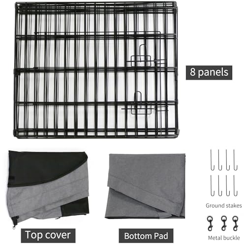 PETIME Foldable Metal Dog Exercise Pen/Pet Puppy Playpen Kennels Yard Fence Indoor/Outdoor 8 Panel 24" W with Top Cover and Bottom Pad (Playpen+Bottom+Top Cover, 8 Panels 24" H) - size: 24''H