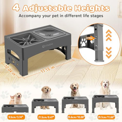 Elevated Slow Feeder Dog Bowls with No Spill Water Bowl, Raised Bowl for Large Medium Small Dogs, Food Stand Splash Guard, 4 Heights 3.7'', 8.5'', 10.1'', 11.7'', Grey (GW03)