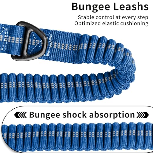 Heavy Duty Tactical Dog Leash, 4-6FT Shock Absorbing Bungee Lead with 2 Padded Handles, Metal Carabiner & Seatbelt Clip, Reflective No-Pull Leash for Medium/Large Dogs (Blue) - color: Blue
