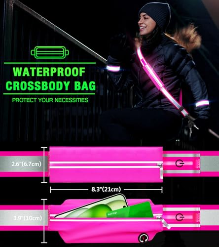 Ylzzrs LED Belt Reflective Sash for Walking at Night,High Visibility Adjustable Night Running Safety Gear,Light Up Running Belt Reflective Gear with Phone Bag/Armband for Runners Walkers Men Women - color: Pink