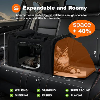pidipiti 25''(L) x 17''(W) x 17''(H) Extra-Large Expandable cat Carrier for Long Distance car Travel,for 1 Extra-Large cat / 2 Large Cats / 3 Small-Medium Cats up to 35 lbs(Black) - size: Extra-Large(expandable)