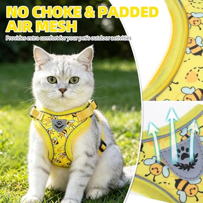 PUPTECK Cat Harness and Leash Set Escape Proof Reflective Cat Walking Harness Adjustable Soft Breathable Mesh Vest for Small Pets, Yellow Bee, S - color: Yellow Bee, size: S (NECK 9.5"-11", CHEST 13"-16")