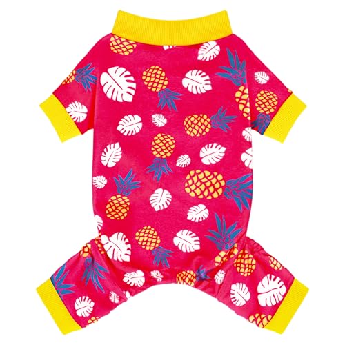 Paiaite 4-Legged Cotton Stretchable Jumpsuit Pjs: Pineapple Pattern Dog Pajamas - Lightweight Cozy Puppy Onesie Clothes, Comfortable Pet Sleepwear Jammies for Hair Shedding Coverage Yellow Edge 2XL - color: Yellow Edge, size: 2XL-(26~38lb) | Chest(~25.5")