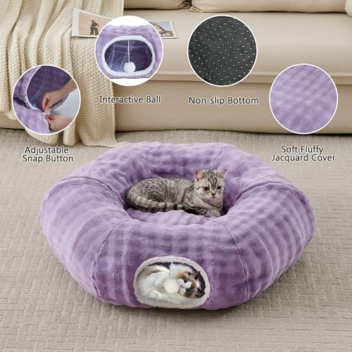 Bubble Cat Tunnel for Indoor Cats, Round Peekaboo Cave Toy with Dangling Balls, Donut Tunnel Bed with Circle Mat for Puppy Kitten Rabbit, Dusty Purple - color: Dusty Purple