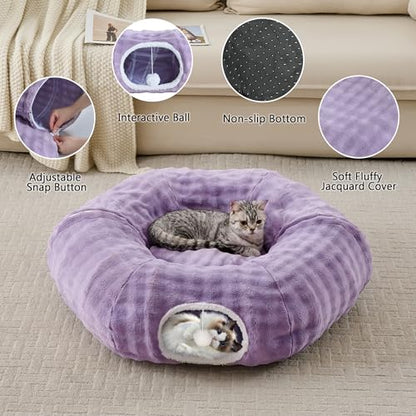 Bubble Cat Tunnel for Indoor Cats, Round Peekaboo Cave Toy with Dangling Balls, Donut Tunnel Bed with Circle Mat for Puppy Kitten Rabbit, Dusty Purple - color: Dusty Purple