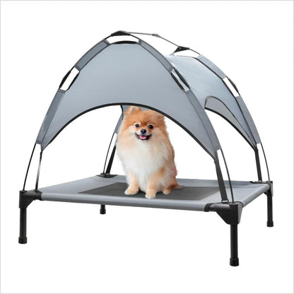 Outdoor Elevated Dog Bed with Canopy, Cooling Elevated Pet Cot with Removable Shade, Non-Slip Feet, Breathable Mesh for Small Dogs Camping