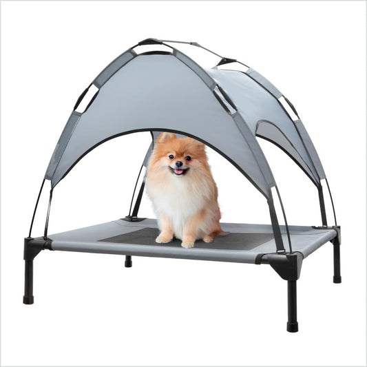 Outdoor Elevated Dog Bed with Canopy, Cooling Elevated Pet Cot with Removable Shade, Non-Slip Feet, Breathable Mesh for Small Dogs Camping