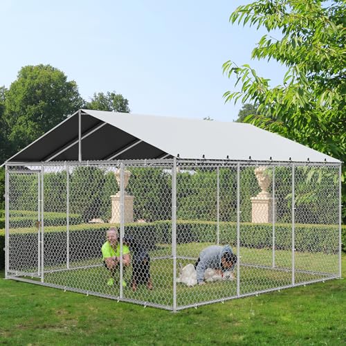 YITAHOME 14.8'x14.8' Large Outdoor Dog Enclosure with Metal Dog Gate, Dog Kennel Outside with Roof, Dog Fence Outdoor for Yard - color: silver, size: 14.8' X 14.8'