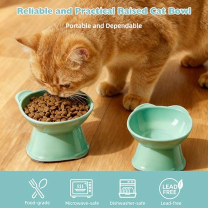 KSIA Klear Elevated Cat Bowls 2 Pack, Tilted Raised Cat Bowl for Food and Water, 4.72" Wide, Whisker Friendly Anti Vomit for Indoor Cats, Microwave and Dishwasher Safe, Green - color: Green
