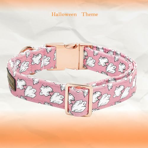 Elegant little tail Halloween Dog Collar, Pink Ghosts Print Dog Collar with Bow Puppy Collar Bowtie Flower Female Cotton Adjustable Collars for Small Medium Large Dogs - color: Pink Ghosts, size: X-Small (Pack of 1)